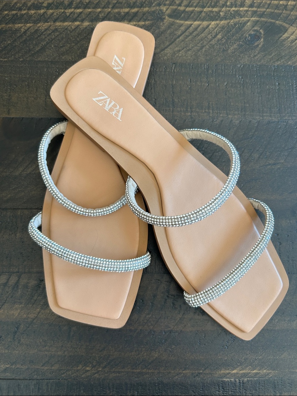 ZARA Tan Slide Sandals with Silver Rhinestone Straps